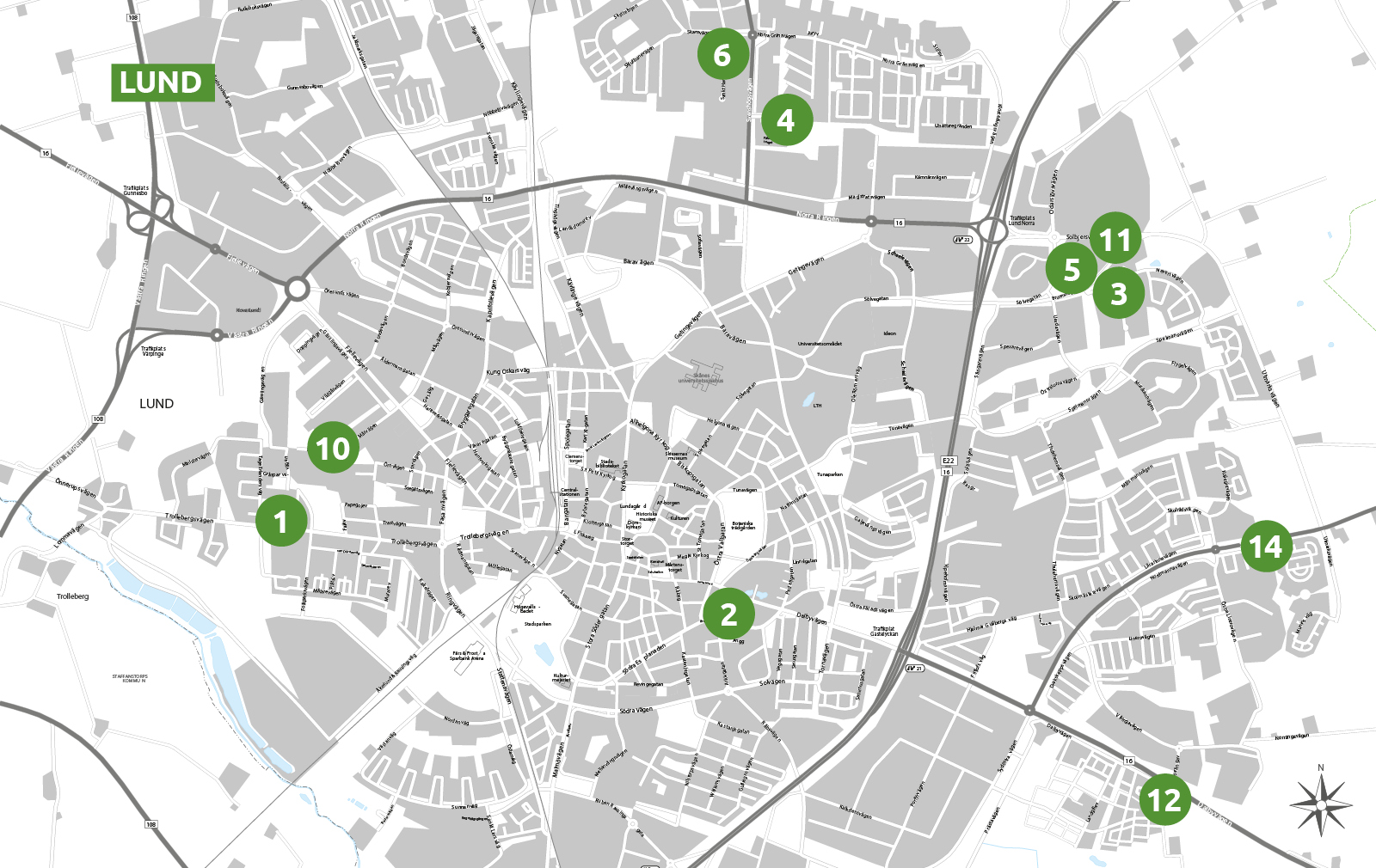 Karta över Lund med markeringar för LKFs nyproduktion 2017 - 2020