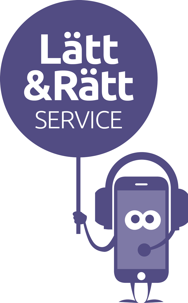 Illustration: Lila mobiltelefon med ögon och hörlurar håller upp en skylt med texten "Lätt & Rätt Service"