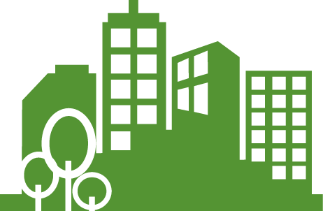 Illustration: Stad med flera hus och träd.