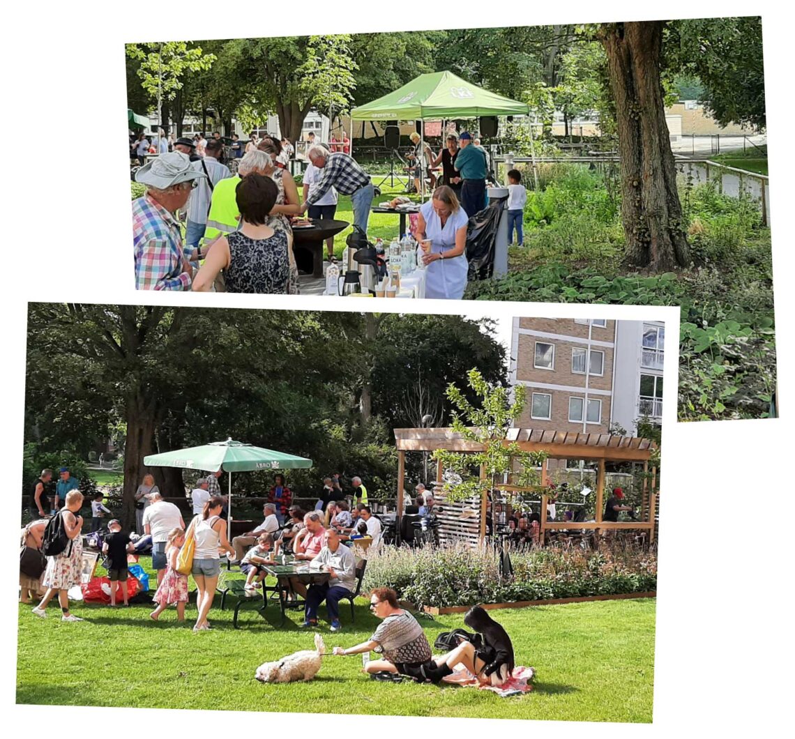 gardsfest_Karshog Miljöbild från gårdsfest med motiv från grönskande innergård och personer som hänger och samtalar