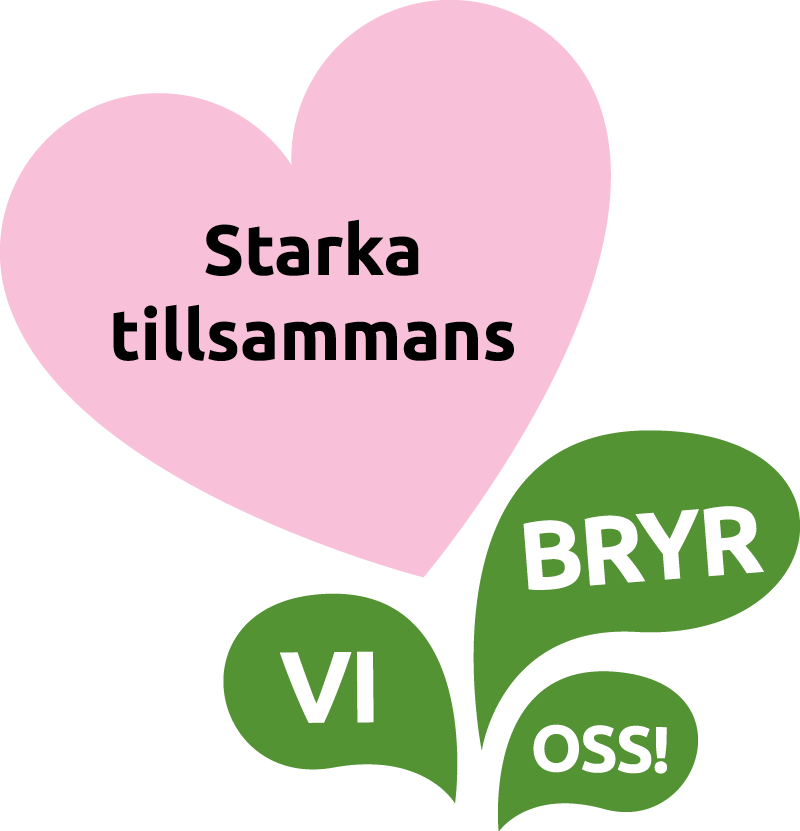 Illustration: Rosa hjärta med testen"Starka Tillsammans", under tre gröna blad med texten "Vi bryr oss"