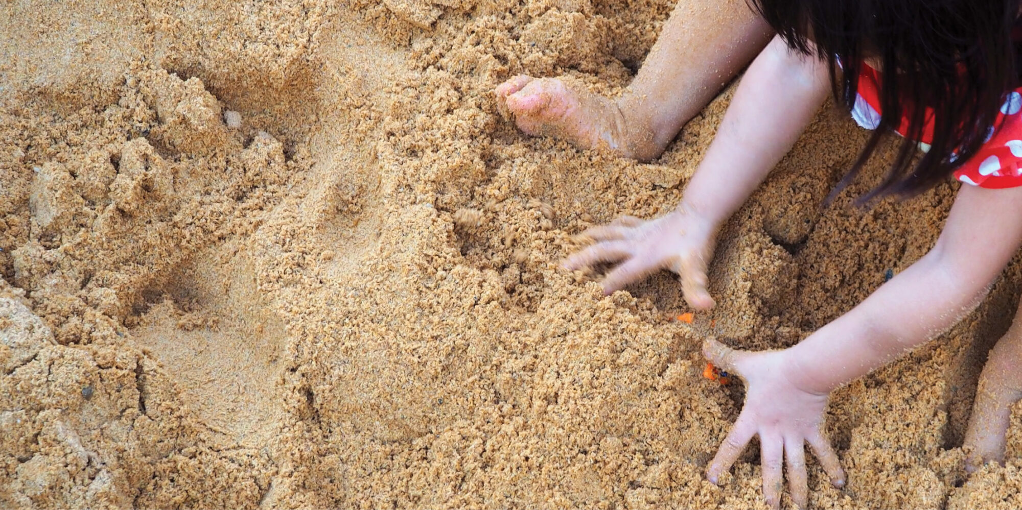 Två par barnhänder som gräver i sanden i en sandlåda.